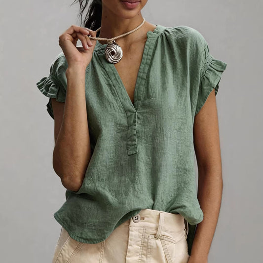 ElanWear Womenβs Casual V-Neck Cotton Linen Top β Short Sleeve Solid Color Summer Blouse