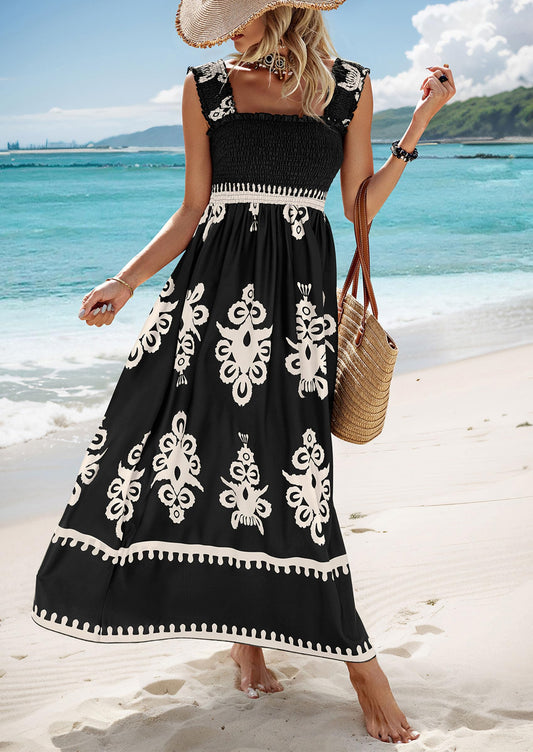 ElanWear Womenβs Boho Floral Square Neck Maxi Dress β Sleeveless Summer A-Line Beach Vacation Dress