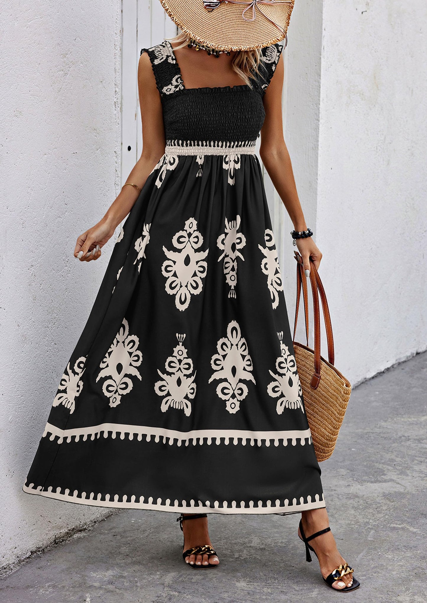 ElanWear Women’s Boho Floral Square Neck Maxi Dress – Sleeveless Summer A-Line Beach Vacation Dress