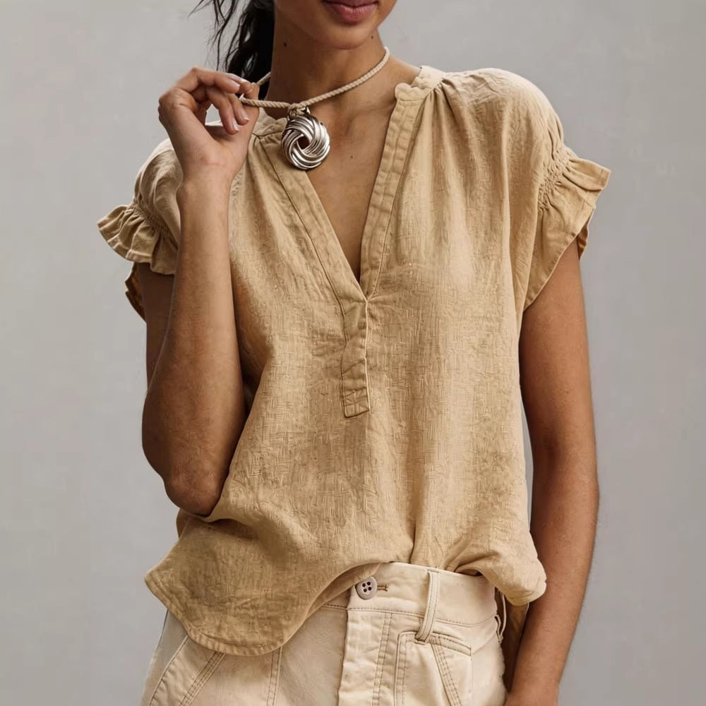 ElanWear Women’s Casual V-Neck Cotton Linen Top – Short Sleeve Solid Color Summer Blouse