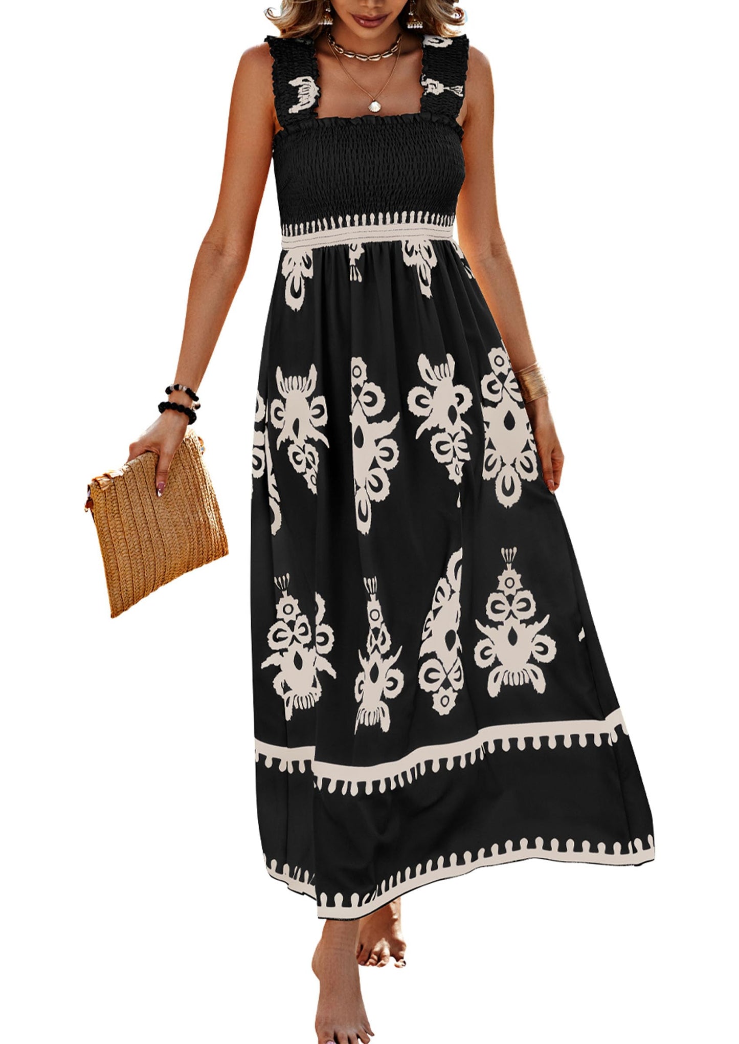 ElanWear Women’s Boho Floral Square Neck Maxi Dress – Sleeveless Summer A-Line Beach Vacation Dress