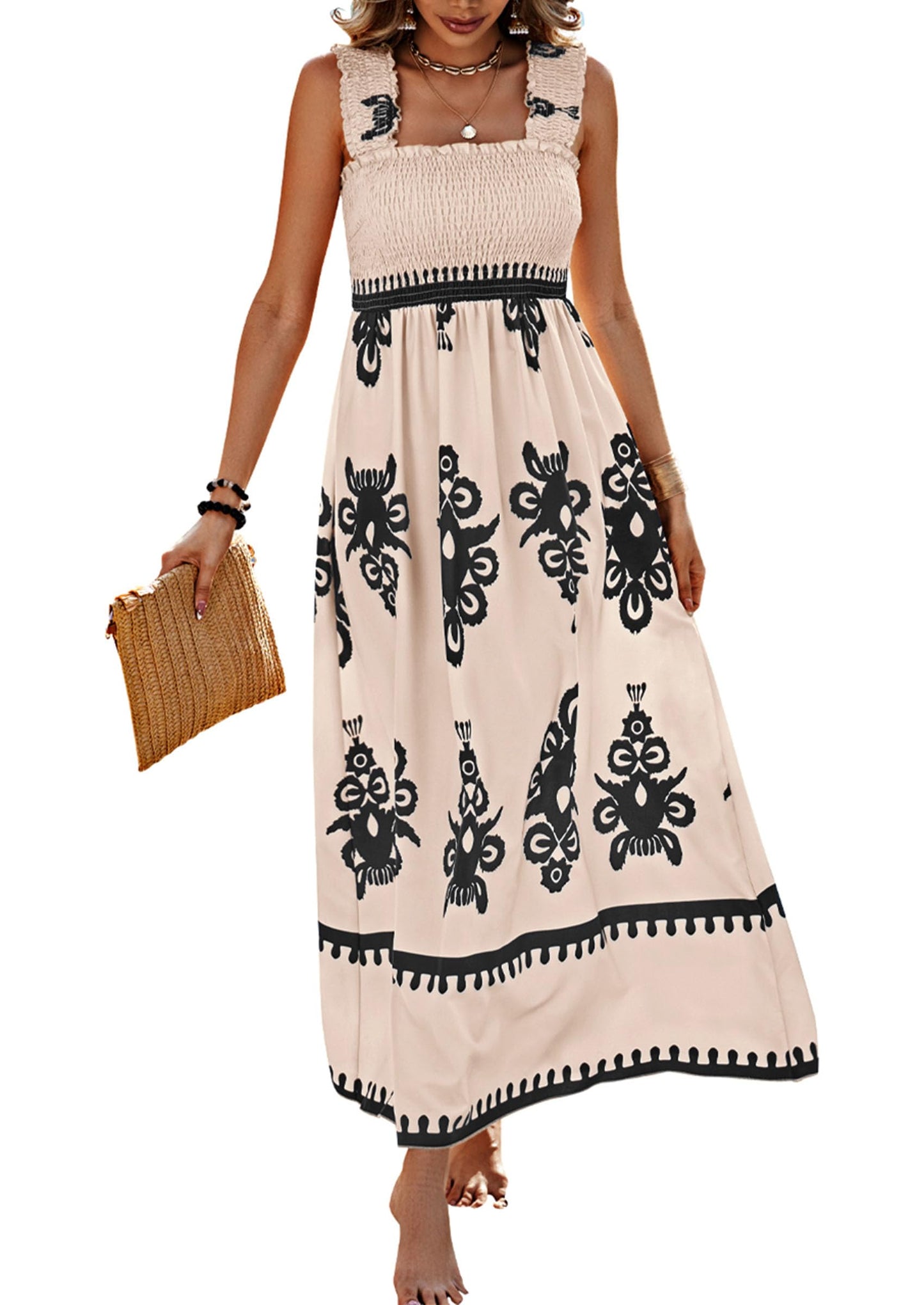 ElanWear Women’s Boho Floral Square Neck Maxi Dress – Sleeveless Summer A-Line Beach Vacation Dress