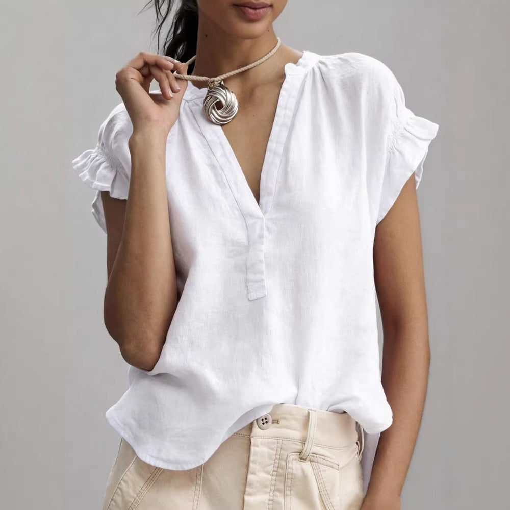 ElanWear Women’s Casual V-Neck Cotton Linen Top – Short Sleeve Solid Color Summer Blouse
