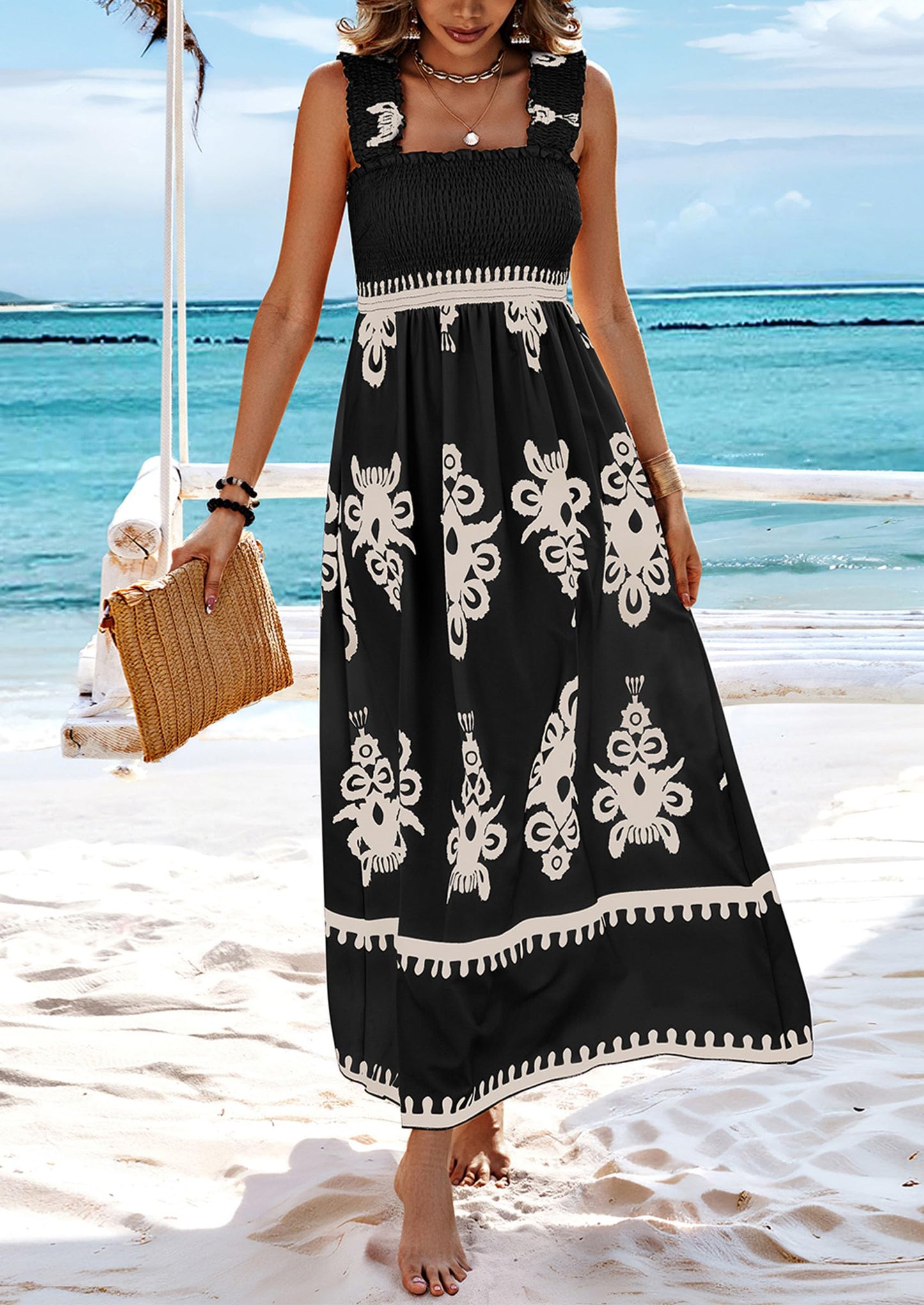 ElanWear Women’s Boho Floral Square Neck Maxi Dress – Sleeveless Summer A-Line Beach Vacation Dress